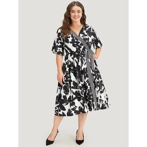 Floral Print Pocket Bowknot Patchwork Dress 1x NWT